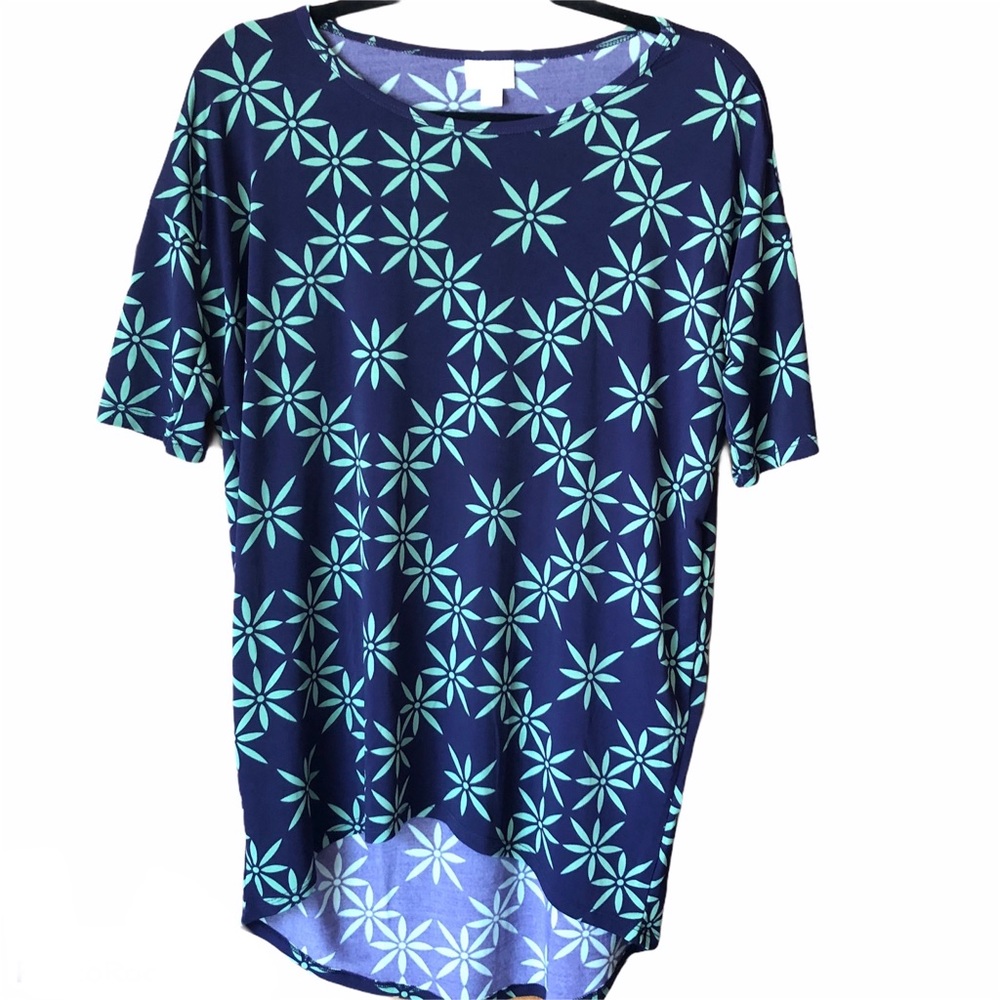 LuLaRoe Irma Hi-Lo Navy Blue/Green T-Shirt